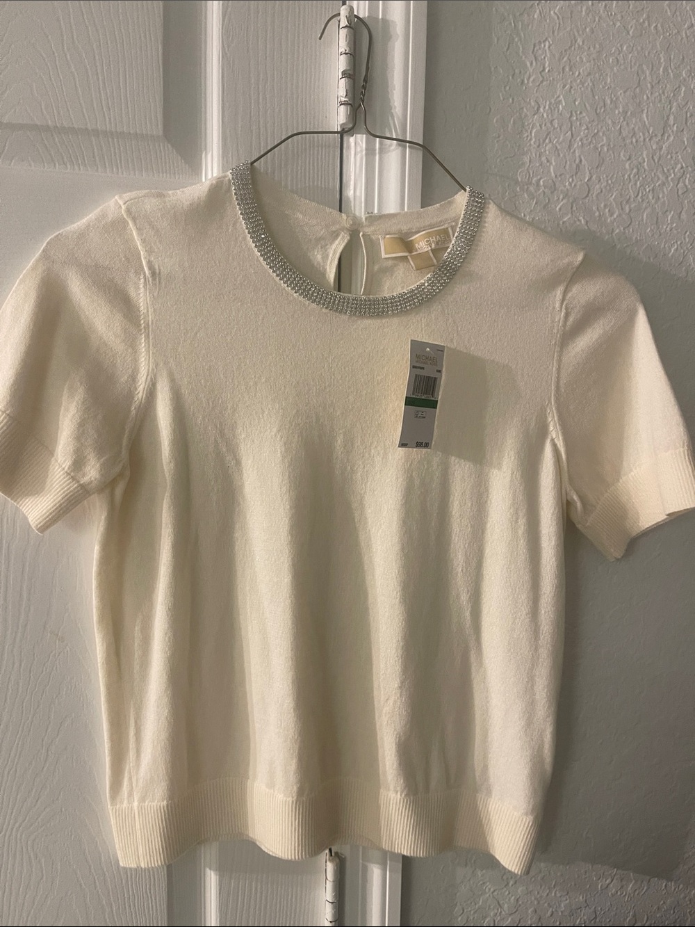 MICHAEL Michael Kors Cream Short-Sleeve Sweater with Beaded Neckline